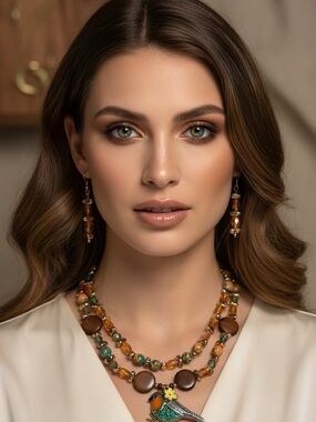 Brown, Green, Orange Beaded Metal Bird Pendant Necklace and Earring Set-